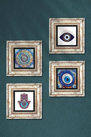 Nazar, Mandala, Fatma Ana Eli (Hamsa) Taş Duvar Tablosu Çerçeveli Duvar Dekoru 4 Parça Tablo Seti Wall Art