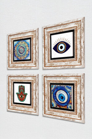 Nazar, Mandala, Fatma Ana Eli (Hamsa) Taş Duvar Tablosu Çerçeveli Duvar Dekoru 4 Parça Tablo Seti Wall Art