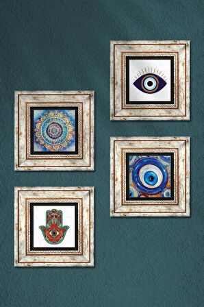 Nazar, Mandala, Fatma Ana Eli (Hamsa) Taş Duvar Tablosu Çerçeveli Duvar Dekoru 4 Parça Tablo Seti Wall Art