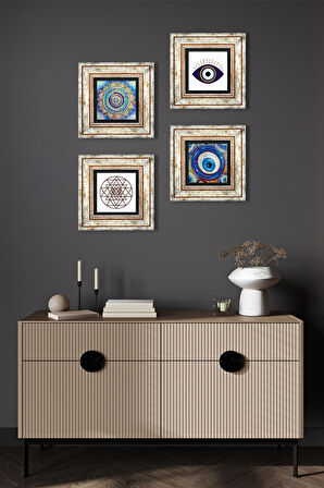 Nazar, Mandala, Sri Yantra Taş Duvar Tablosu Çerçeveli Duvar Dekoru 4 Parça Tablo Seti Wall Art