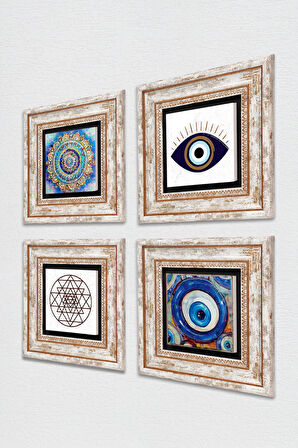 Nazar, Mandala, Sri Yantra Taş Duvar Tablosu Çerçeveli Duvar Dekoru 4 Parça Tablo Seti Wall Art