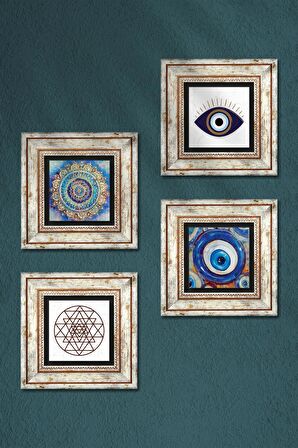 Nazar, Mandala, Sri Yantra Taş Duvar Tablosu Çerçeveli Duvar Dekoru 4 Parça Tablo Seti Wall Art