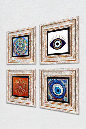 Nazar, Mandala, Sri Yantra Taş Duvar Tablosu Çerçeveli Duvar Dekoru 4 Parça Tablo Seti Wall Art