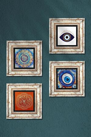 Nazar, Mandala, Sri Yantra Taş Duvar Tablosu Çerçeveli Duvar Dekoru 4 Parça Tablo Seti Wall Art