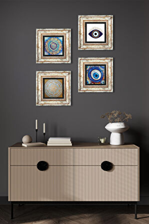 Nazar, Mandala, Sri Yantra Taş Duvar Tablosu Çerçeveli Duvar Dekoru 4 Parça Tablo Seti Wall Art