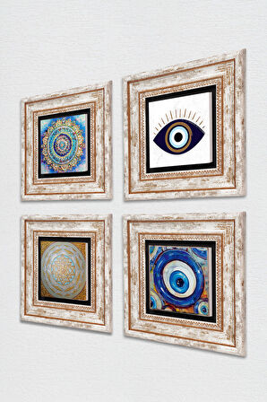 Nazar, Mandala, Sri Yantra Taş Duvar Tablosu Çerçeveli Duvar Dekoru 4 Parça Tablo Seti Wall Art