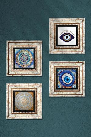 Nazar, Mandala, Sri Yantra Taş Duvar Tablosu Çerçeveli Duvar Dekoru 4 Parça Tablo Seti Wall Art