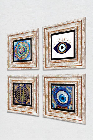 Nazar, Mandala, Yaşam Çiçeği Taş Duvar Tablosu Çerçeveli Duvar Dekoru 4 Parça Tablo Seti Wall Art