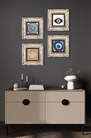 Nazar, Mandala, Lotus Çiçeği Taş Duvar Tablosu Çerçeveli Duvar Dekoru 4 Parça Tablo Seti Wall Art