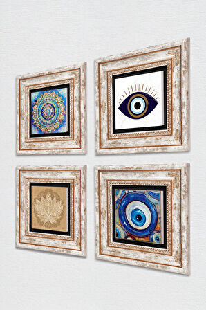 Nazar, Mandala, Lotus Çiçeği Taş Duvar Tablosu Çerçeveli Duvar Dekoru 4 Parça Tablo Seti Wall Art