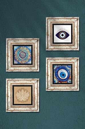 Nazar, Mandala, Lotus Çiçeği Taş Duvar Tablosu Çerçeveli Duvar Dekoru 4 Parça Tablo Seti Wall Art