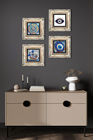 Nazar, Mandala, Çini Sanatı Yelkenli Gemi Taş Duvar Tablosu Çerçeveli Duvar Dekoru 4 Parça Tablo Seti Wall Art