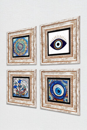 Nazar, Mandala, Çini Sanatı Yelkenli Gemi Taş Duvar Tablosu Çerçeveli Duvar Dekoru 4 Parça Tablo Seti Wall Art