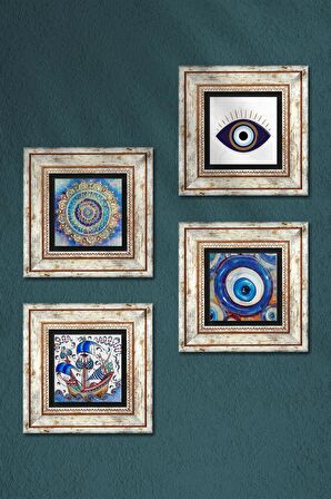 Nazar, Mandala, Çini Sanatı Yelkenli Gemi Taş Duvar Tablosu Çerçeveli Duvar Dekoru 4 Parça Tablo Seti Wall Art