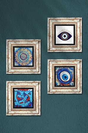 Nazar, Mandala, Çini Sanatı Balık Taş Duvar Tablosu Çerçeveli Duvar Dekoru 4 Parça Tablo Seti Wall Art