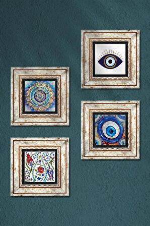 Nazar, Mandala, Lale Taş Duvar Tablosu Çerçeveli Duvar Dekoru 4 Parça Tablo Seti Wall Art