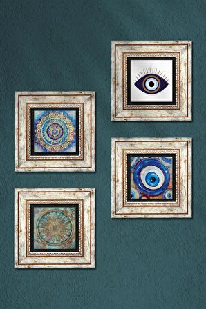 Nazar, Mandala, Yaşam Çiçeği Taş Duvar Tablosu Çerçeveli Duvar Dekoru 4 Parça Tablo Seti Wall Art