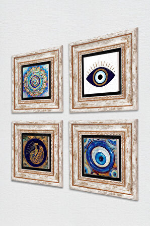 Nazar, Mandala, Tavus Kuşu Taş Duvar Tablosu Çerçeveli Duvar Dekoru 4 Parça Tablo Seti Wall Art