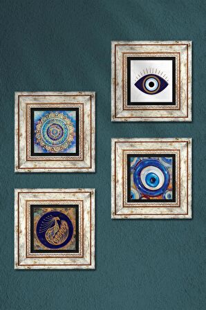 Nazar, Mandala, Tavus Kuşu Taş Duvar Tablosu Çerçeveli Duvar Dekoru 4 Parça Tablo Seti Wall Art