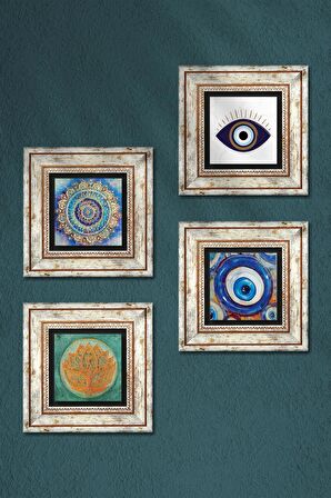 Nazar, Mandala, Lotus Çiçeği Taş Duvar Tablosu Çerçeveli Duvar Dekoru 4 Parça Tablo Seti Wall Art