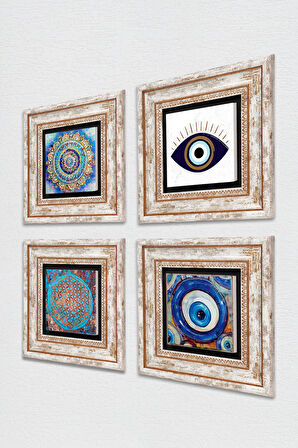 Nazar, Mandala, Yaşam Çiçeği Taş Duvar Tablosu Çerçeveli Duvar Dekoru 4 Parça Tablo Seti Wall Art