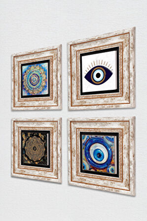 Nazar, Mandala, Sri Yantra Taş Duvar Tablosu Çerçeveli Duvar Dekoru 4 Parça Tablo Seti Wall Art