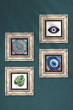 Nazar, Mandala, Yaprak Taş Duvar Tablosu Çerçeveli Duvar Dekoru 4 Parça Tablo Seti Wall Art