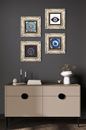 Mandala, Nazar Taş Duvar Tablosu Çerçeveli Duvar Dekoru 4 Parça Tablo Seti Wall Art
