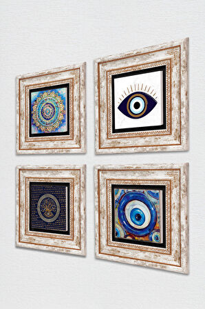 Mandala, Nazar Taş Duvar Tablosu Çerçeveli Duvar Dekoru 4 Parça Tablo Seti Wall Art