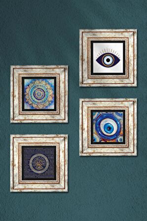 Mandala, Nazar Taş Duvar Tablosu Çerçeveli Duvar Dekoru 4 Parça Tablo Seti Wall Art