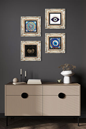 Nazar, Mandala, Horus'un Gözü Taş Duvar Tablosu Çerçeveli Duvar Dekoru 4 Parça Tablo Seti Wall Art