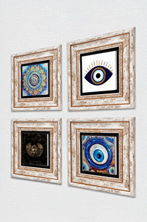 Nazar, Mandala, Horus'un Gözü Taş Duvar Tablosu Çerçeveli Duvar Dekoru 4 Parça Tablo Seti Wall Art