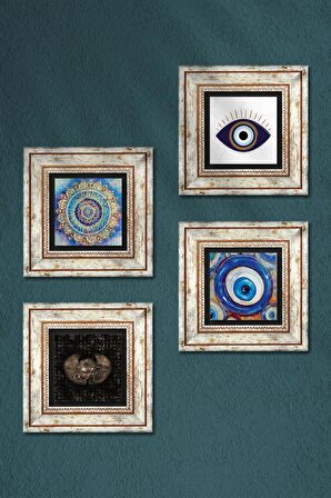 Nazar, Mandala, Horus'un Gözü Taş Duvar Tablosu Çerçeveli Duvar Dekoru 4 Parça Tablo Seti Wall Art