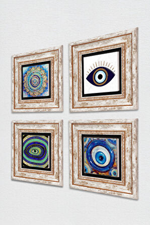 Mandala, Nazar Taş Duvar Tablosu Çerçeveli Duvar Dekoru 4 Parça Tablo Seti Wall Art