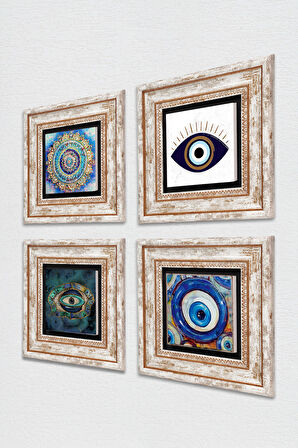 Mandala, Nazar Taş Duvar Tablosu Çerçeveli Duvar Dekoru 4 Parça Tablo Seti Wall Art