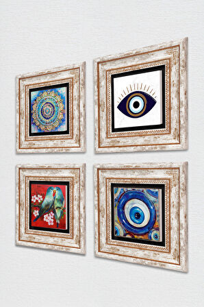 Nazar, Mandala, Kuş Taş Duvar Tablosu Çerçeveli Duvar Dekoru 4 Parça Tablo Seti Wall Art