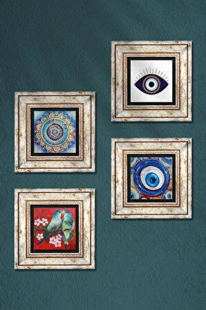 Nazar, Mandala, Kuş Taş Duvar Tablosu Çerçeveli Duvar Dekoru 4 Parça Tablo Seti Wall Art