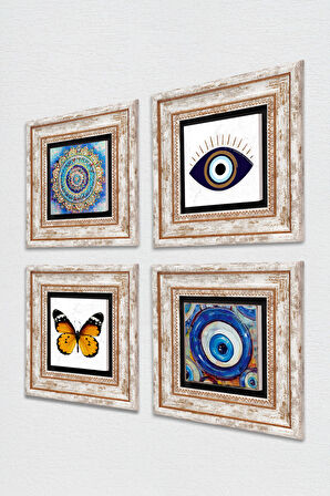 Nazar, Mandala, Kelebek Taş Duvar Tablosu Çerçeveli Duvar Dekoru 4 Parça Tablo Seti Wall Art