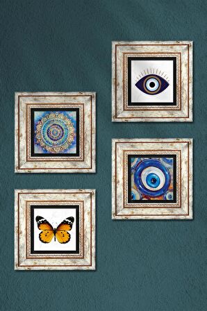 Nazar, Mandala, Kelebek Taş Duvar Tablosu Çerçeveli Duvar Dekoru 4 Parça Tablo Seti Wall Art