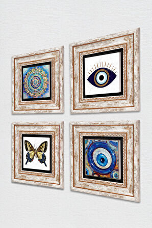 Nazar, Mandala, Kelebek Taş Duvar Tablosu Çerçeveli Duvar Dekoru 4 Parça Tablo Seti Wall Art