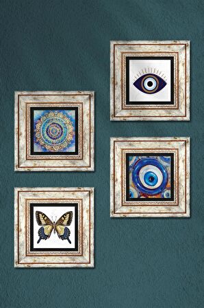 Nazar, Mandala, Kelebek Taş Duvar Tablosu Çerçeveli Duvar Dekoru 4 Parça Tablo Seti Wall Art