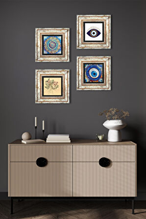 Nazar, Mandala, Vintage Çiçek Taş Duvar Tablosu Çerçeveli Duvar Dekoru 4 Parça Tablo Seti Wall Art
