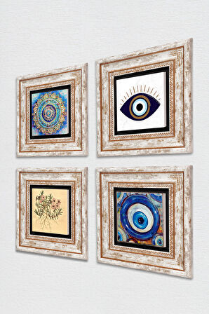 Nazar, Mandala, Vintage Çiçek Taş Duvar Tablosu Çerçeveli Duvar Dekoru 4 Parça Tablo Seti Wall Art