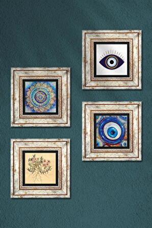Nazar, Mandala, Vintage Çiçek Taş Duvar Tablosu Çerçeveli Duvar Dekoru 4 Parça Tablo Seti Wall Art