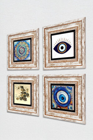 Nazar, Mandala, Vintage Çiçek Taş Duvar Tablosu Çerçeveli Duvar Dekoru 4 Parça Tablo Seti Wall Art