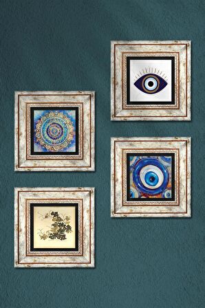 Nazar, Mandala, Vintage Çiçek Taş Duvar Tablosu Çerçeveli Duvar Dekoru 4 Parça Tablo Seti Wall Art