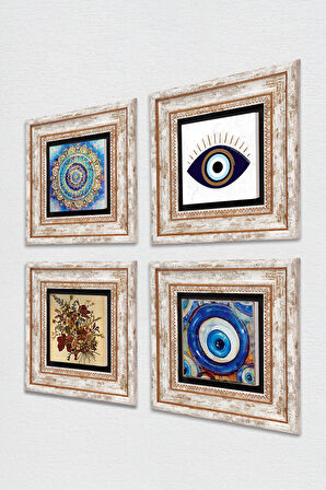 Nazar, Mandala, Vintage Çiçek Taş Duvar Tablosu Çerçeveli Duvar Dekoru 4 Parça Tablo Seti Wall Art