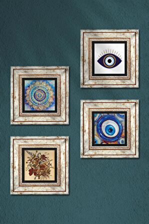 Nazar, Mandala, Vintage Çiçek Taş Duvar Tablosu Çerçeveli Duvar Dekoru 4 Parça Tablo Seti Wall Art