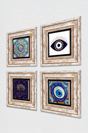 Nazar, Mandala, Hayat Ağacı Taş Duvar Tablosu Çerçeveli Duvar Dekoru 4 Parça Tablo Seti Wall Art