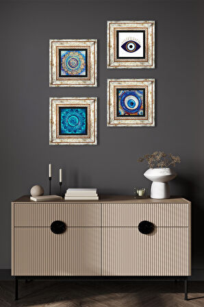 Nazar, Mandala Taş Duvar Tablosu Çerçeveli Duvar Dekoru 4 Parça Tablo Seti Wall Art